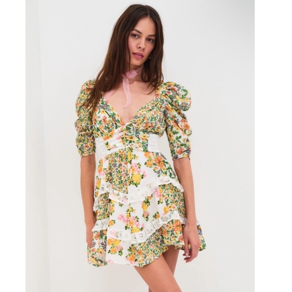 For Love & Lemons Rosalyn Mini Dress in Green Size Large Lace Ruffle